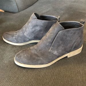 Indigo grey suede booties. Shows scuffs.